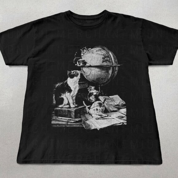 Cats Studying Shirt, Unisex Cotton Shirts, Cat Graphic Tee - Picture 1 of 4